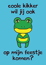 blauwe uitnodiging met illustratie van een kikker met de tekst coole kikker wil jij ook op mijn feestje komen?