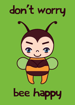 groene wenskaart met illustratie van een bij met de tekst don't worry bee happy