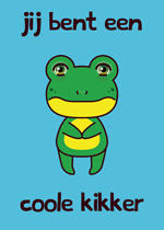 blauwe wenskaart met illustratie van een kikker met de tekst jij bent een coole kikker