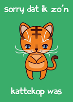 groene wenskaart met illustratie van een poes met de tekst sorry dat ik zo'n kattekop was